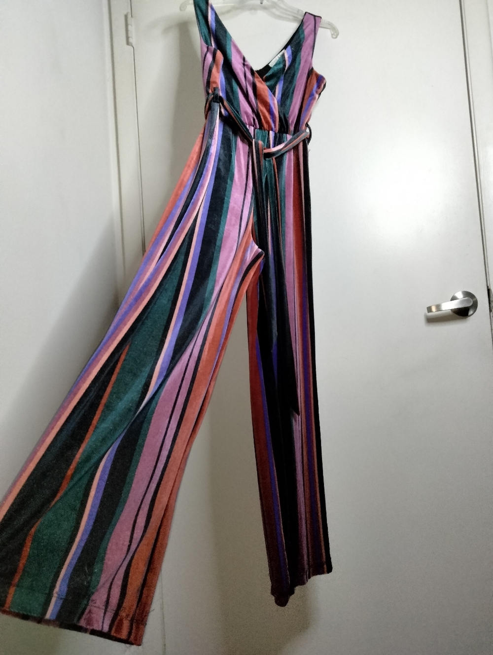 Allison & Kelly (Size M) Multicolored Striped V-Neck Wide-Leg Belted Jumpsuit